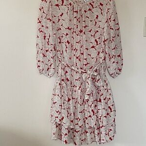 Christy Lynn Silk Dress Feminine Sophisticated Midi Size XS Flower Red/Ivory